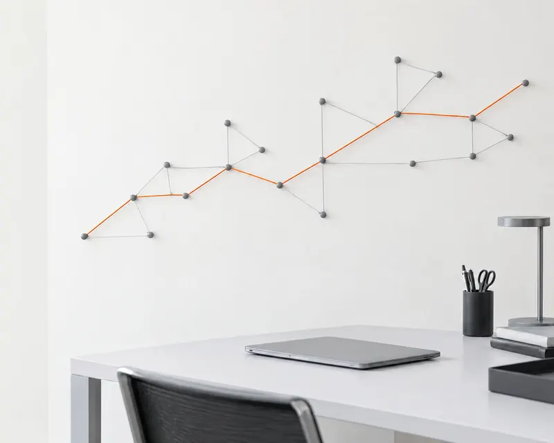 A white planning wall where grey pins and strings map a process, one orange string running the full path.