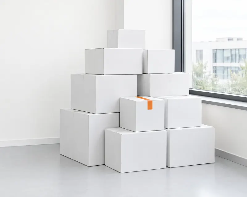 A bright, empty new office with plain white boxes stacked by the window, one of them sealed with orange tape.