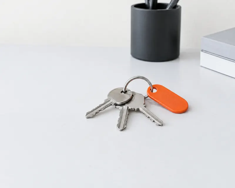 A set of steel keys on a white table, the key ring carrying an orange tag.
