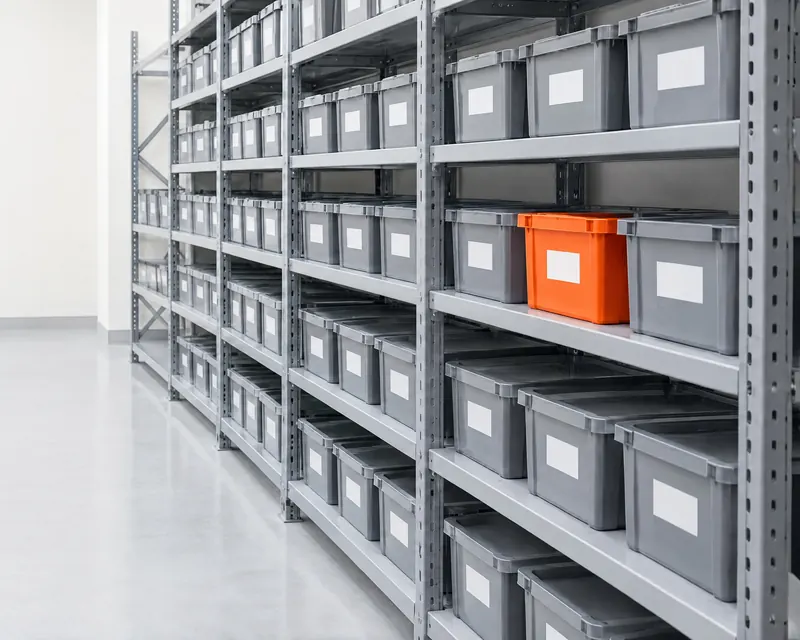 A clean stockroom aisle of grey shelving and identical bins, one bin orange.